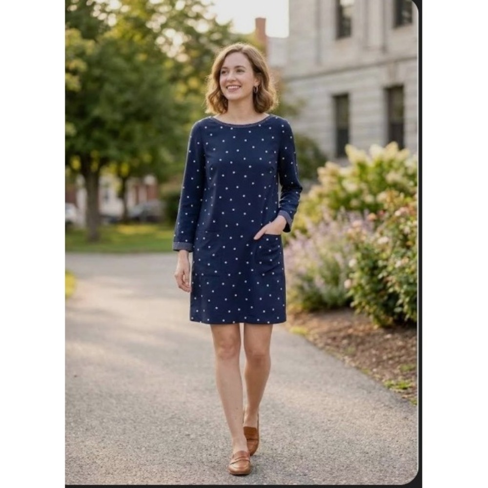 J.Crew Navy Blue Silk Polka Dot Shift Dress 3/4 Sleeve Petite 8P Drop Waist